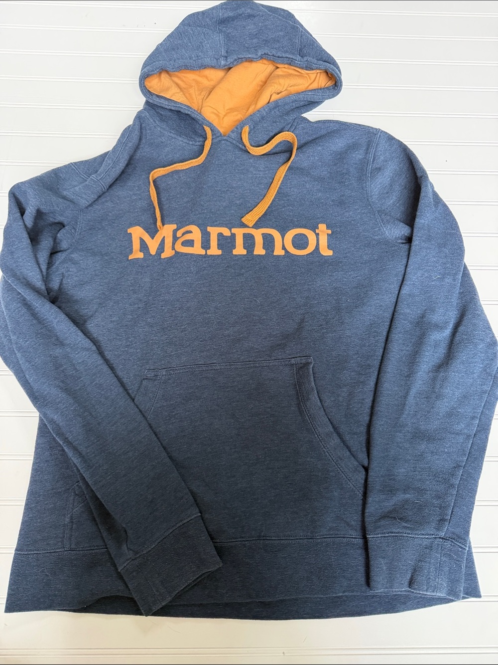 (132)Marmot Logo Hoodie Men’s Medium Blue Orange Pullover Sweatshirt Outdoor